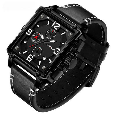 Tactical men's leather watch with quartz movement
