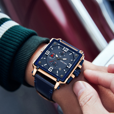 Tactical men's leather watch with quartz movement