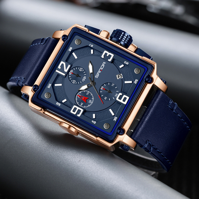 Tactical men's leather watch with quartz movement