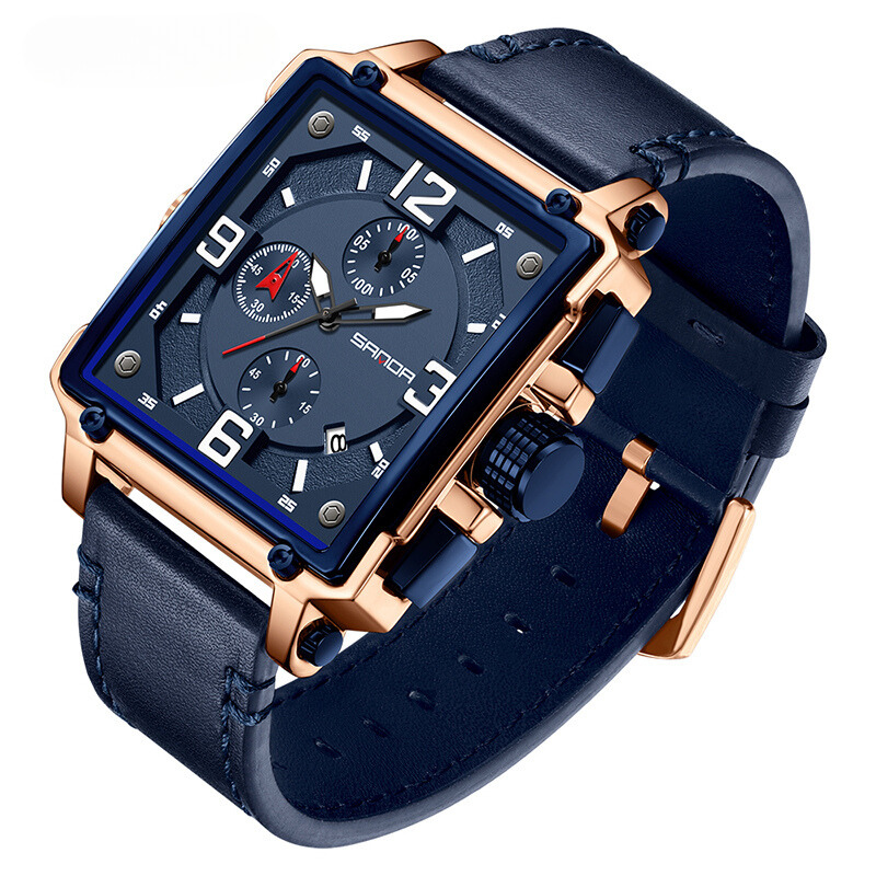 Tactical men's leather watch with quartz movement