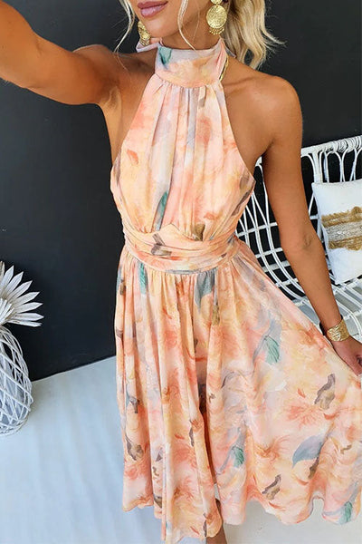 Isla – Halter Neck Open Back Waisted Watercolor Print Maxi Dress