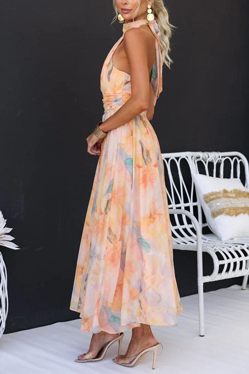 Isla – Halter Neck Open Back Waisted Watercolor Print Maxi Dress