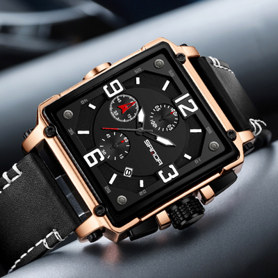 Tactical men's leather watch with quartz movement