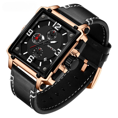 Tactical men's leather watch with quartz movement