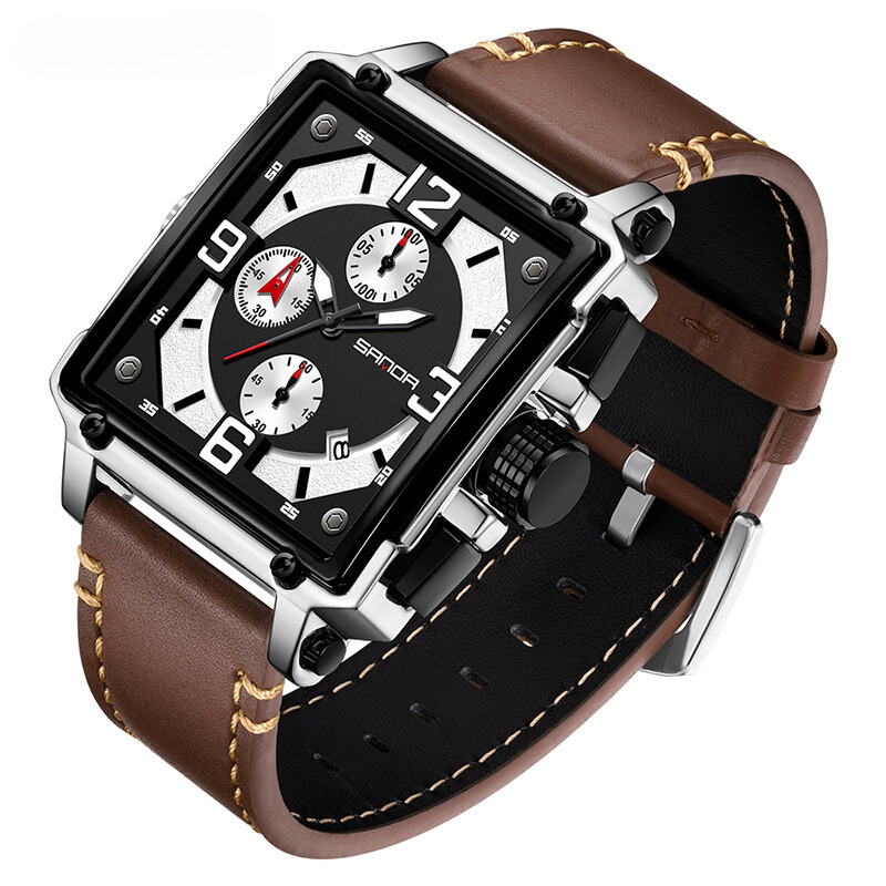 Tactical men's leather watch with quartz movement