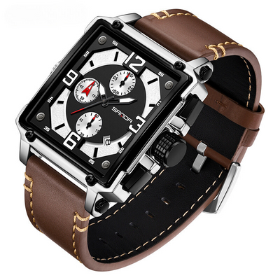 Tactical men's leather watch with quartz movement