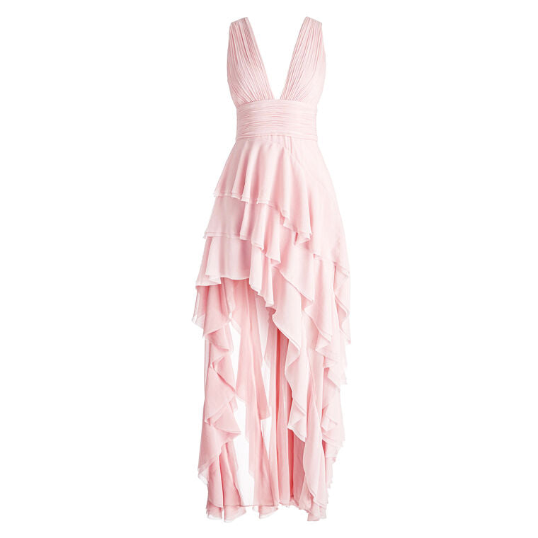 Olivia/ Pink Asymmetric Ruffled Maxi Dress