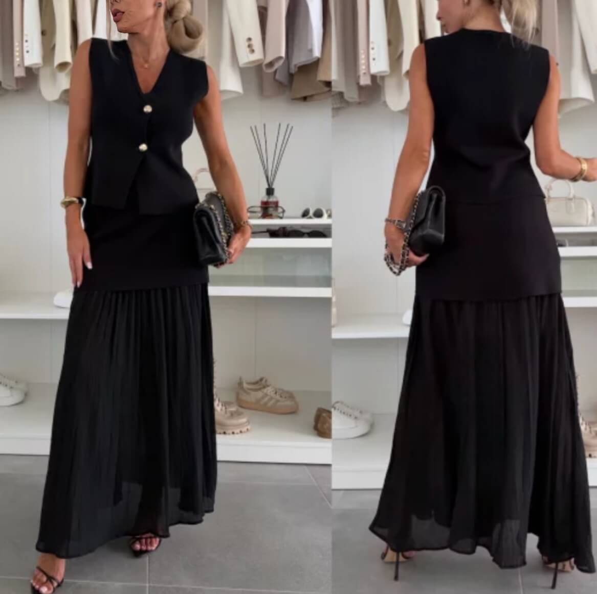 Florence– Two-Piece Asymmetrical Vest & Pleated Maxi Skirt