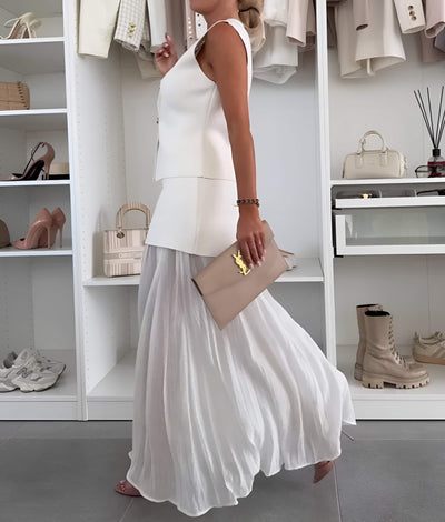 Florence– Two-Piece Asymmetrical Vest & Pleated Maxi Skirt