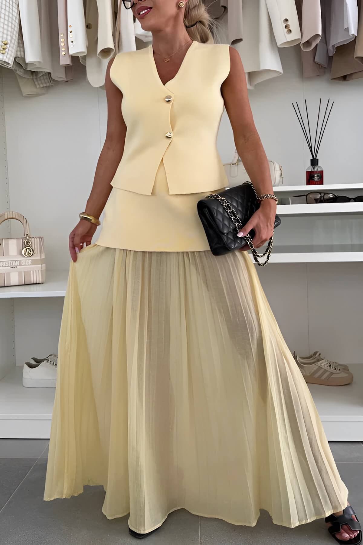 Florence– Two-Piece Asymmetrical Vest & Pleated Maxi Skirt