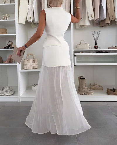 Florence– Two-Piece Asymmetrical Vest & Pleated Maxi Skirt