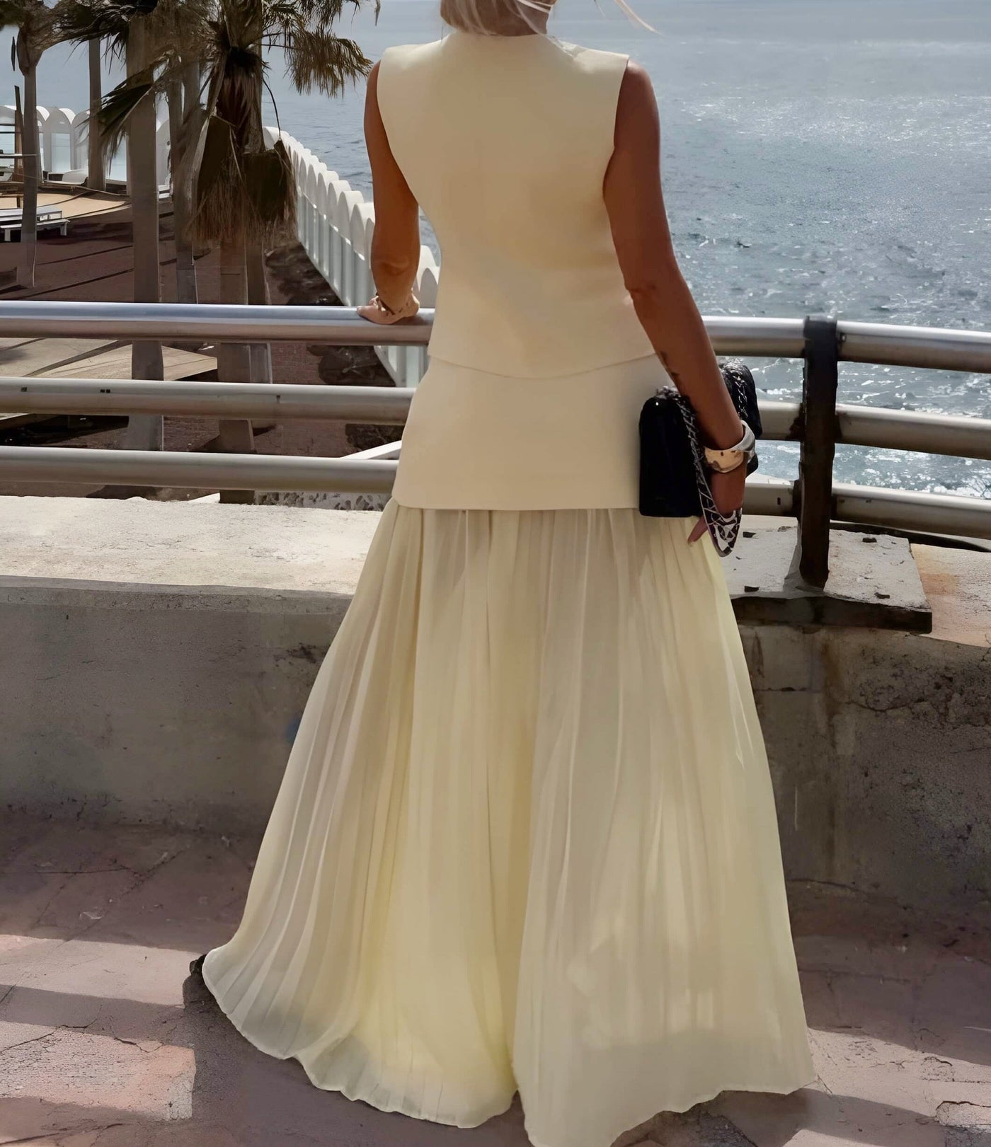 Florence– Two-Piece Asymmetrical Vest & Pleated Maxi Skirt
