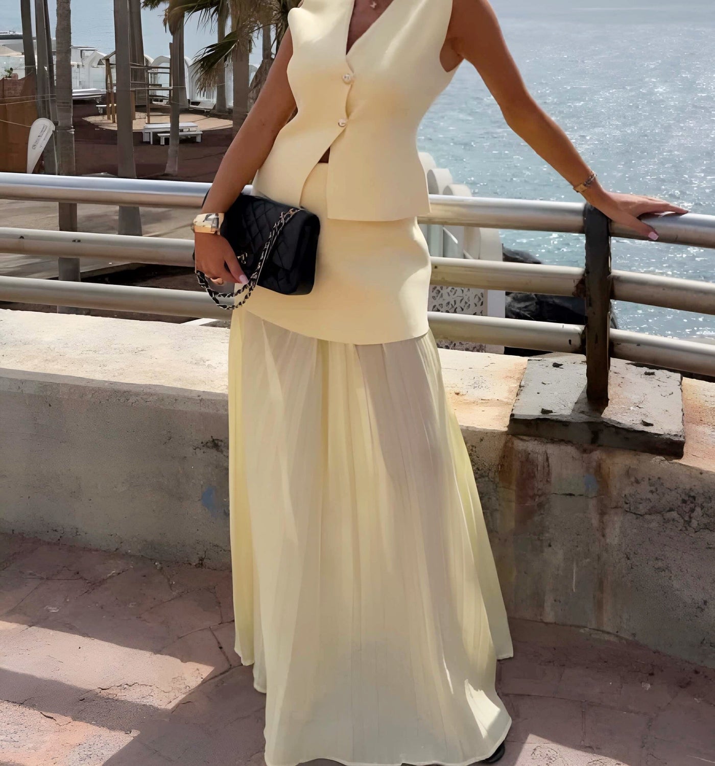 Florence– Two-Piece Asymmetrical Vest & Pleated Maxi Skirt