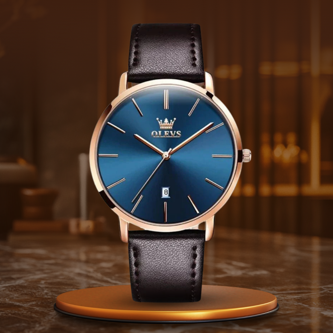 Waterproof leather watch with date display