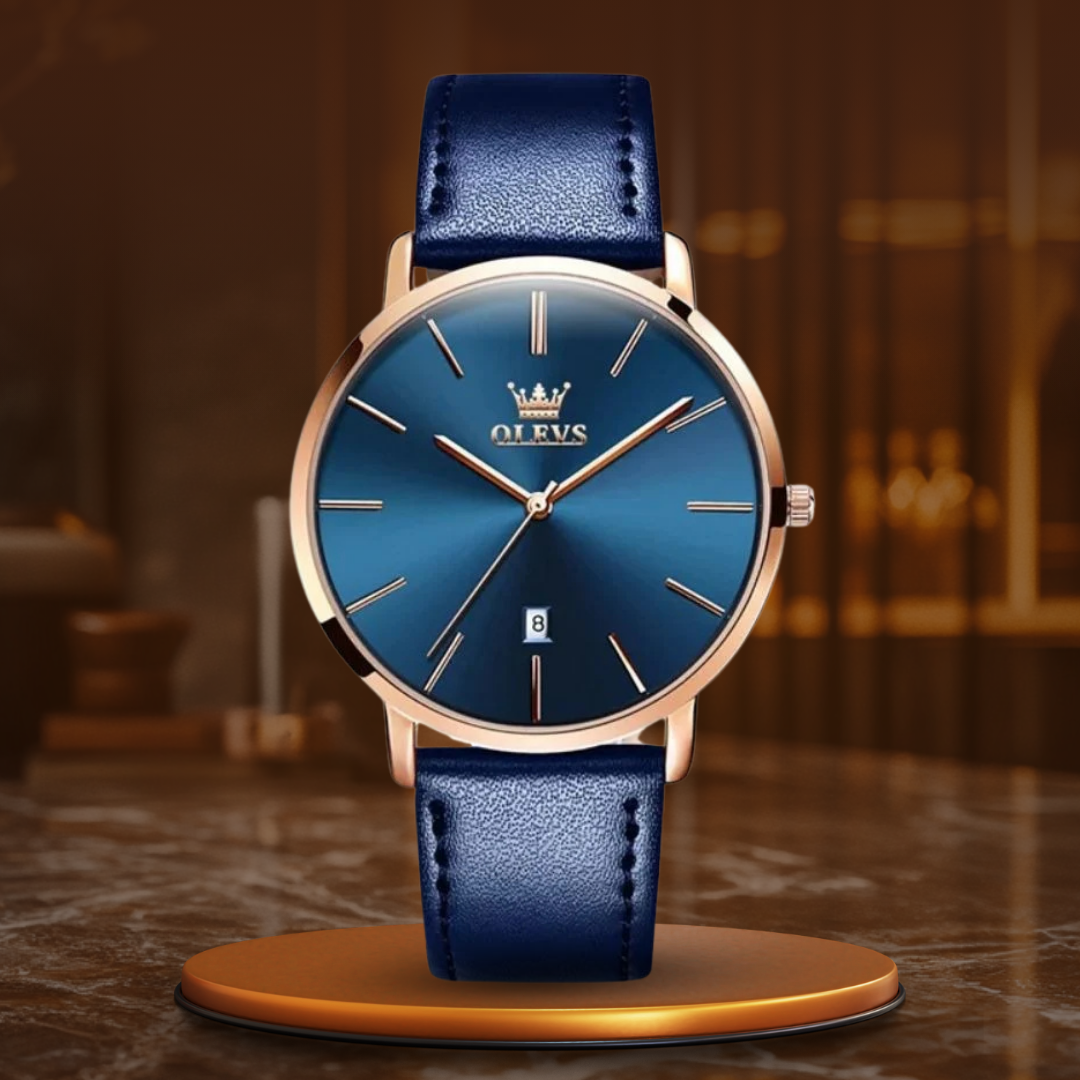 Waterproof leather watch with date display