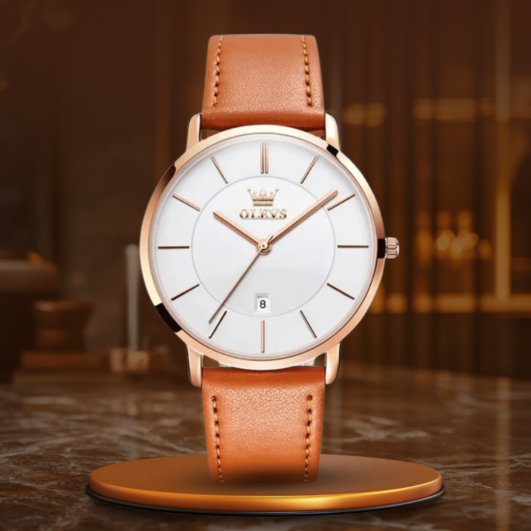 Waterproof leather watch with date display