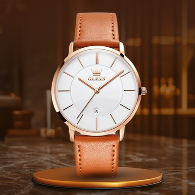 Waterproof leather watch with date display