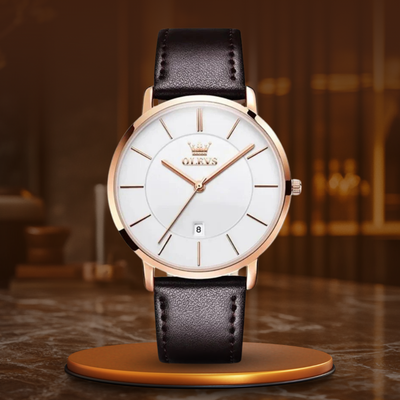 Waterproof leather watch with date display
