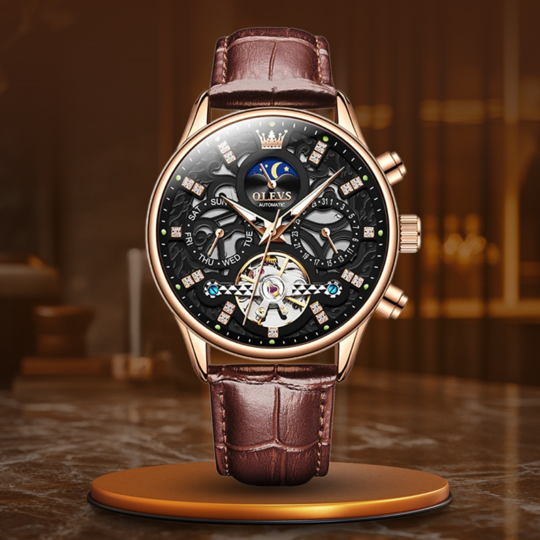 Mechanical automatic watch with leather strap