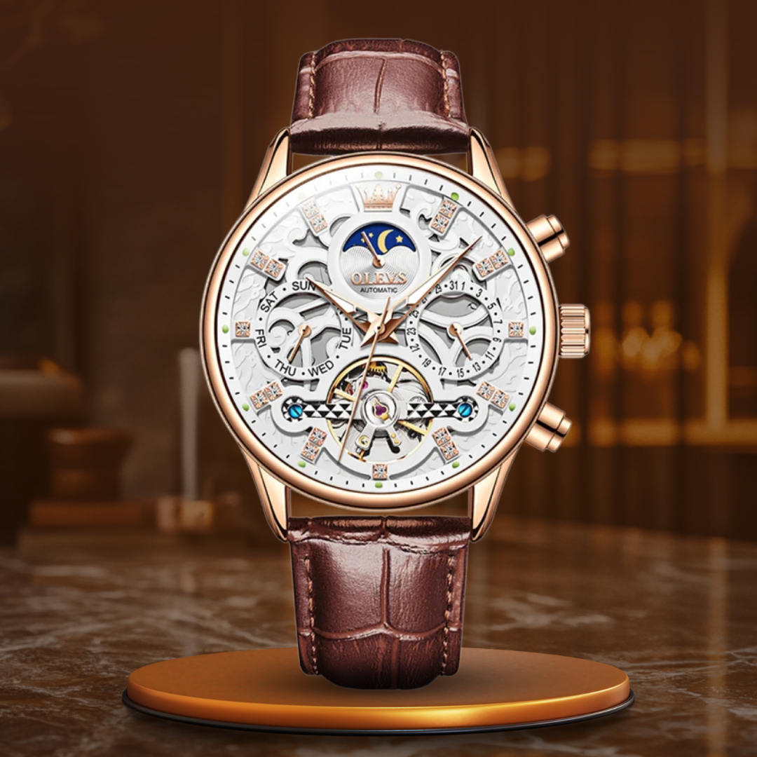 Mechanical automatic watch with leather strap