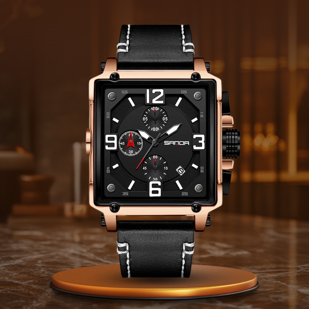 Tactical men's leather watch with quartz movement