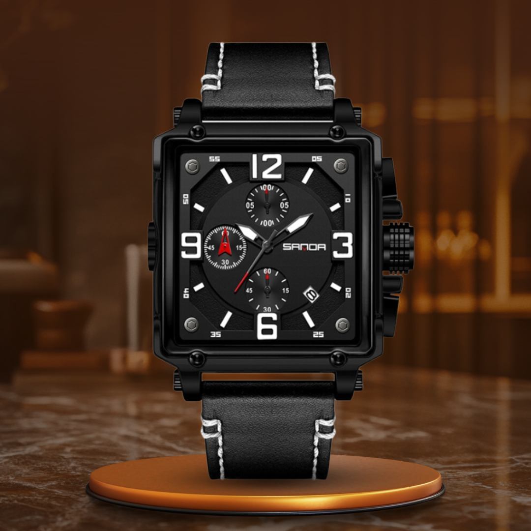 Tactical men's leather watch with quartz movement