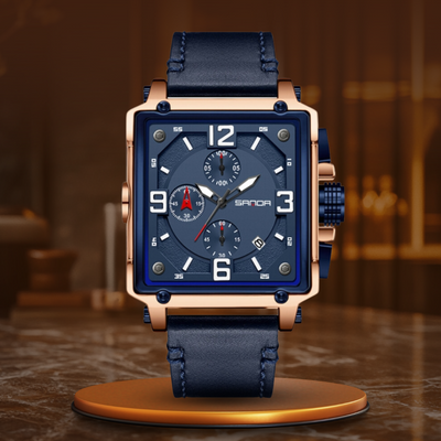 Tactical men's leather watch with quartz movement