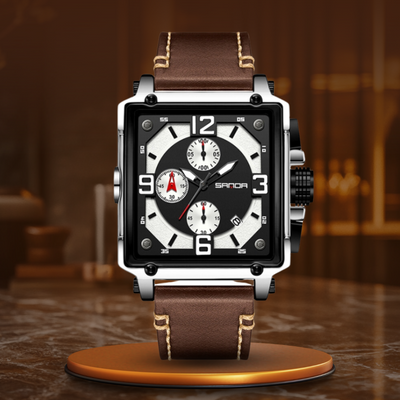 Tactical men's leather watch with quartz movement