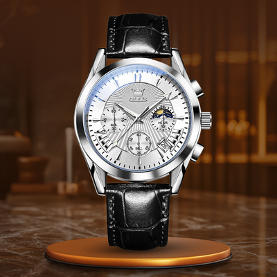 quartz watch with genuine leather strap