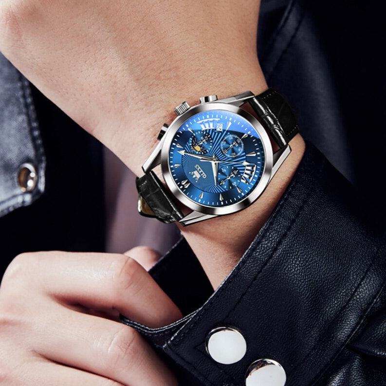 quartz watch with genuine leather strap