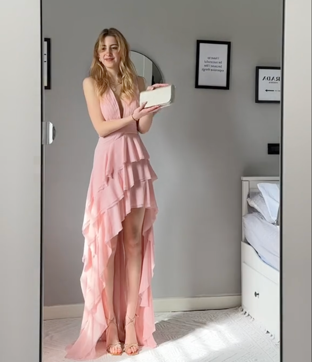 Olivia/ Pink Asymmetric Ruffled Maxi Dress