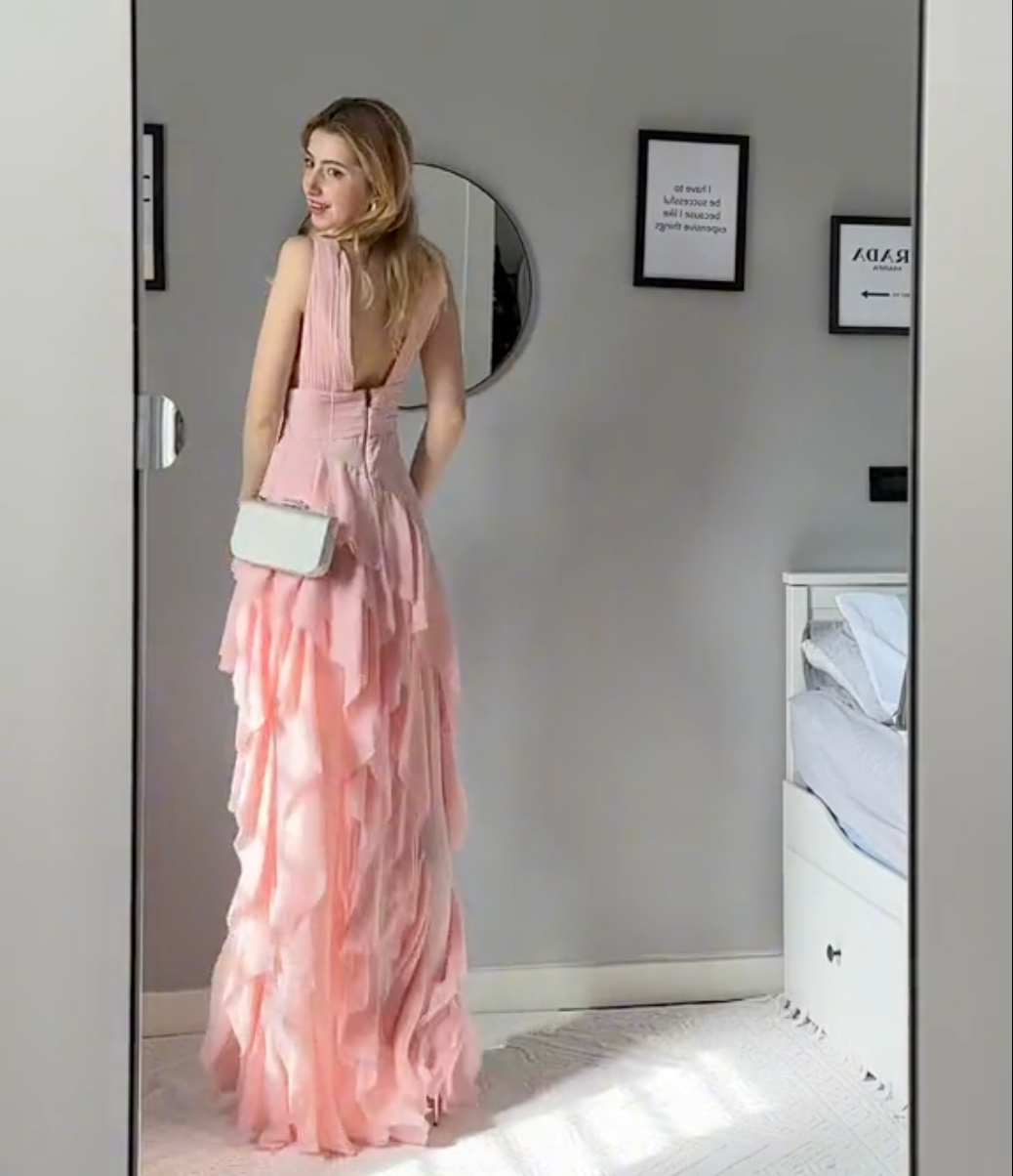 Olivia/ Pink Asymmetric Ruffled Maxi Dress