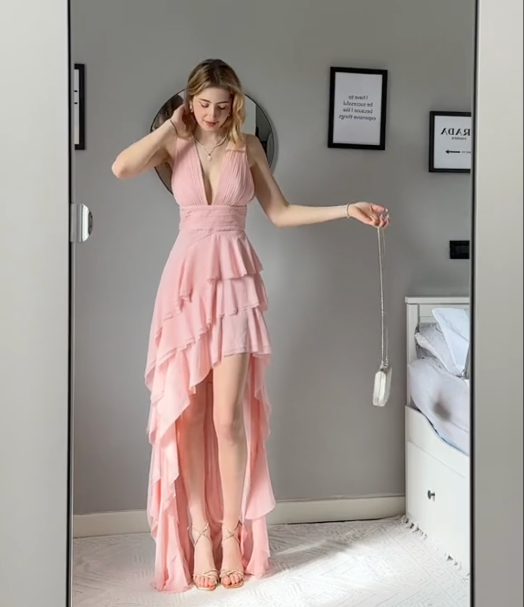 Olivia/ Pink Asymmetric Ruffled Maxi Dress