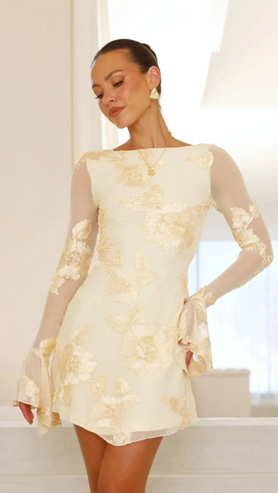 Violet – Boatneck Minidress with Floral Embroidery