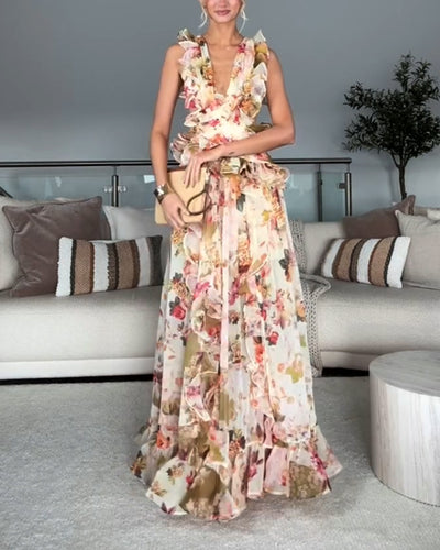 Isla/ Elegant V-Neck Ruffle Print Dress