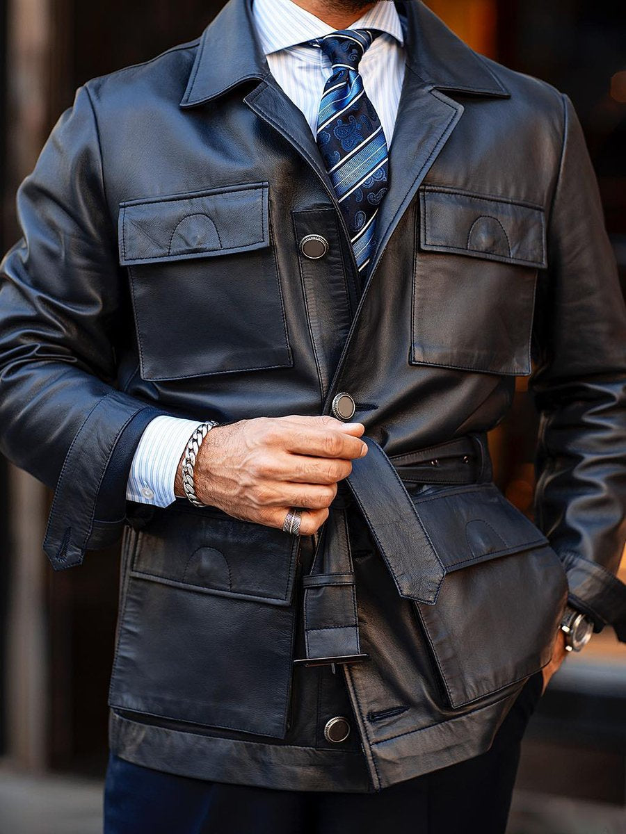 Vintage Leather 4-pocket Lapel Lace-up Jacket