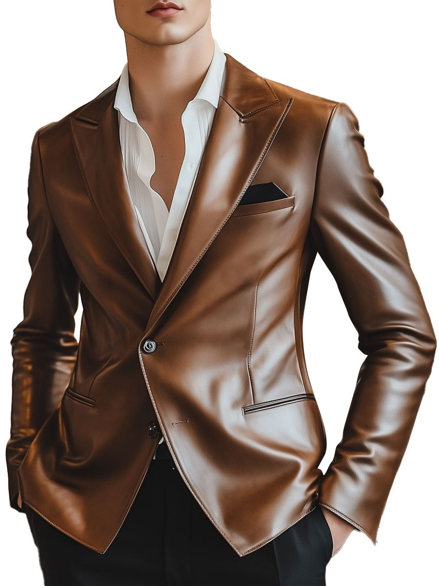 Men's Lapel Single Breasted Shiny Leather Classic Blazer