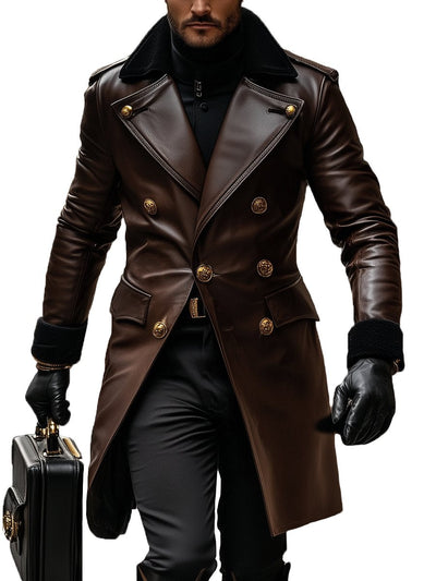 Business Vintage Leather Double Breasted Overcoat