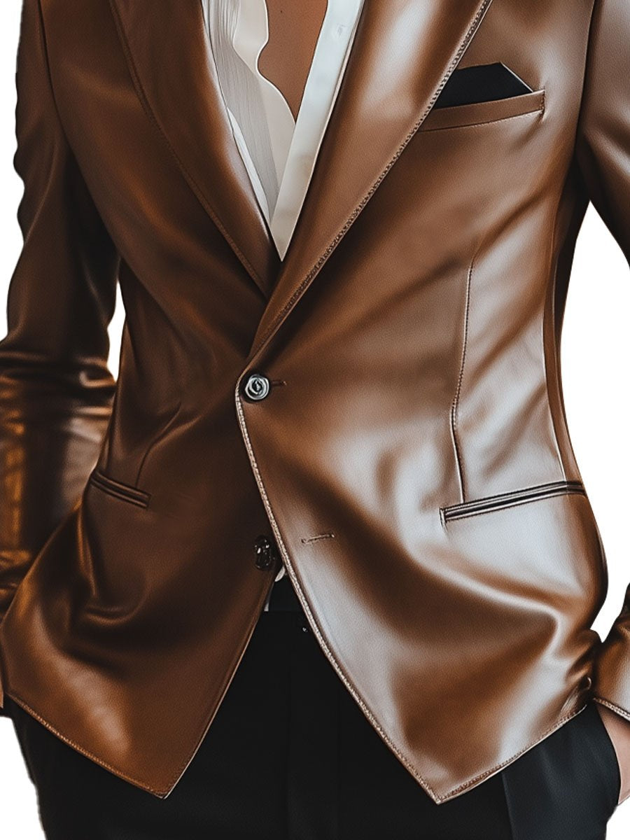 Men's Lapel Single Breasted Shiny Leather Classic Blazer