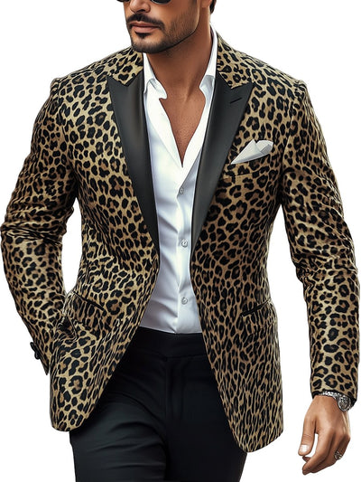 Men's Vintage Leopard Print Lapel Single Breasted Leather Blazer