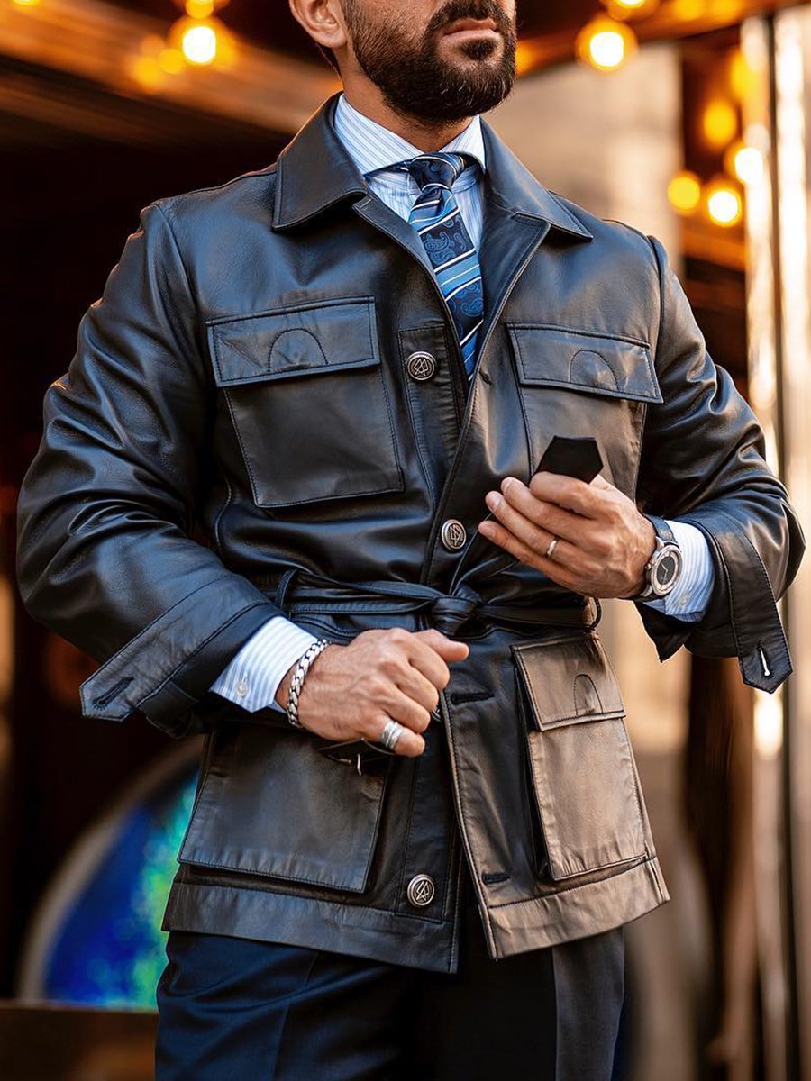 Vintage Leather 4-pocket Lapel Lace-up Jacket