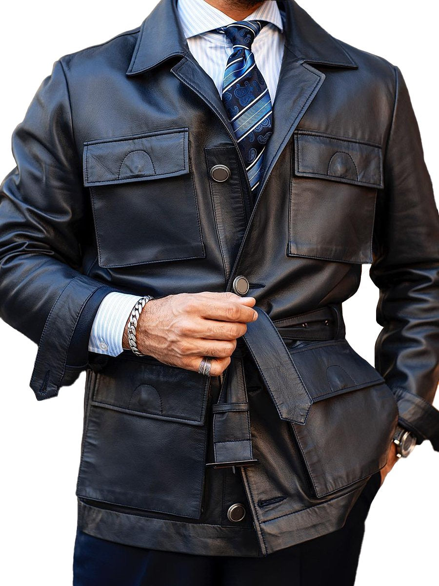 Vintage Leather 4-pocket Lapel Lace-up Jacket