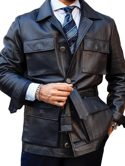 Vintage Leather 4-pocket Lapel Lace-up Jacket