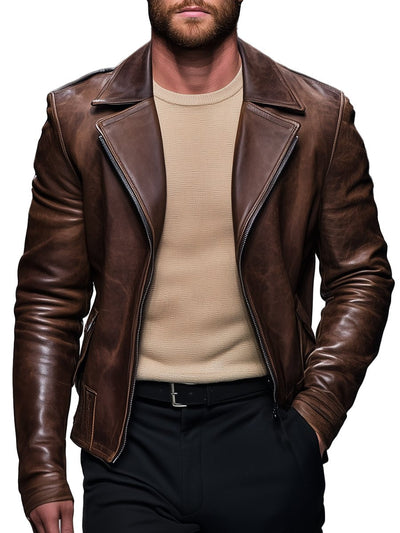 Vintage Lapel Leather Motorcycle Jacket