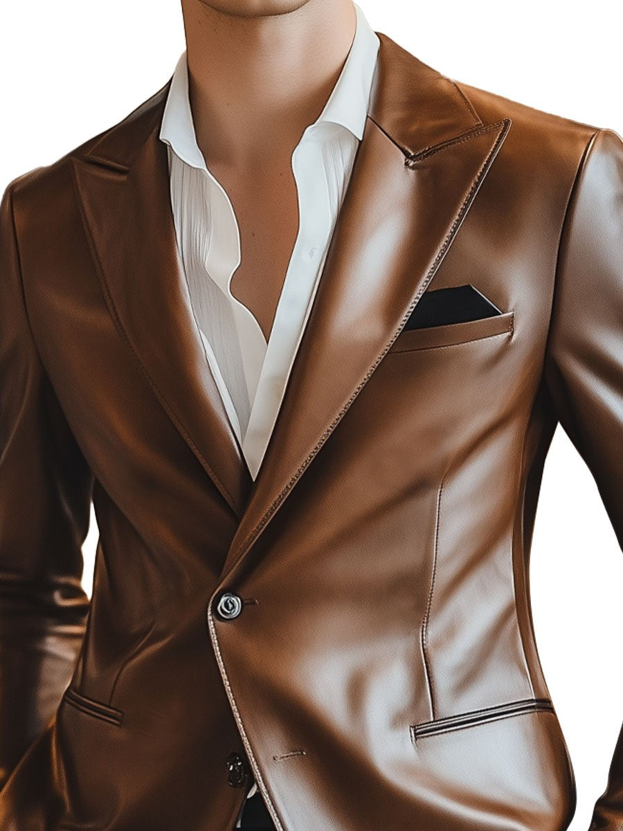 Men's Lapel Single Breasted Shiny Leather Classic Blazer