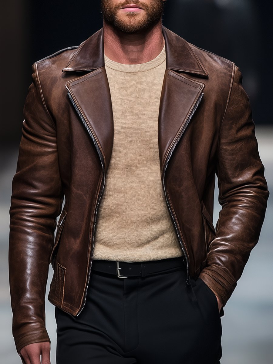 Vintage Lapel Leather Motorcycle Jacket