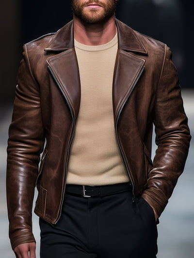 Vintage Lapel Leather Motorcycle Jacket
