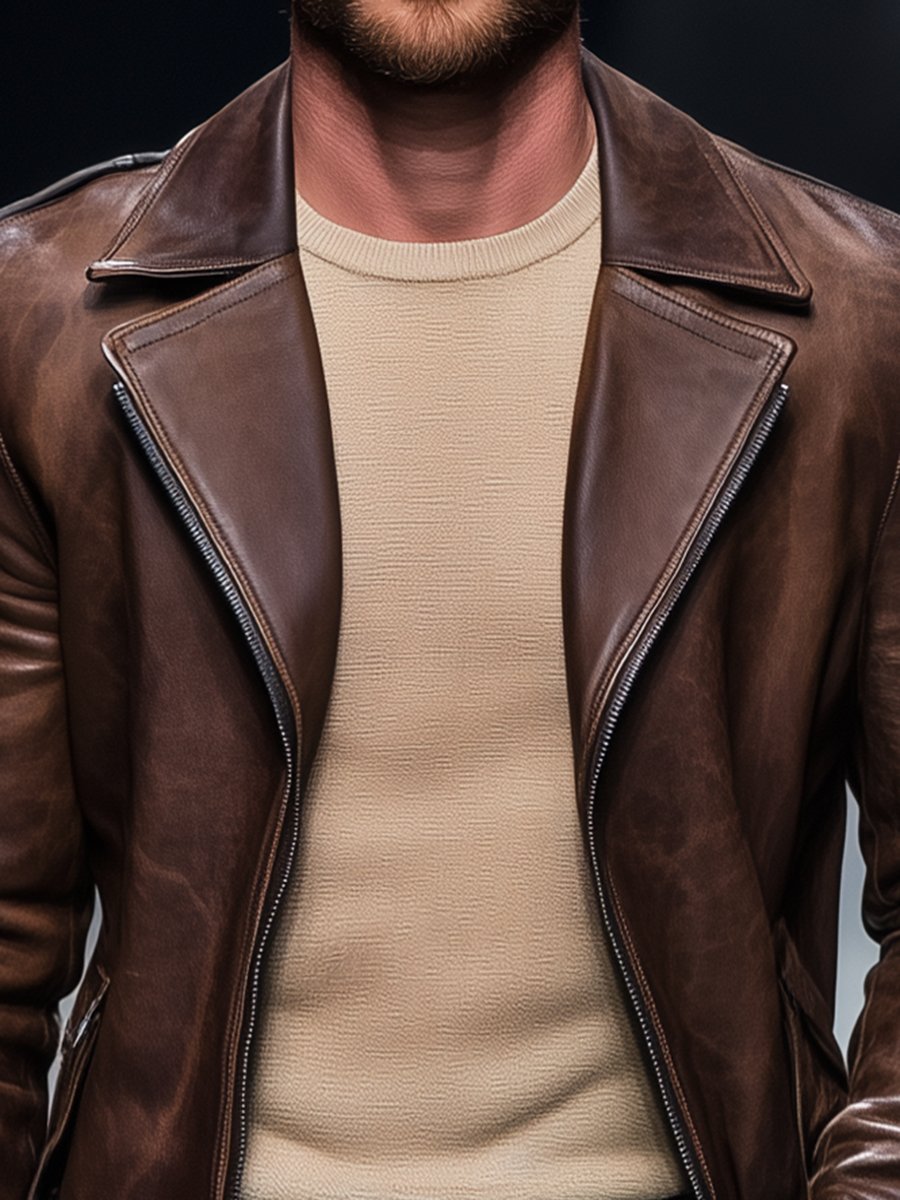 Vintage Lapel Leather Motorcycle Jacket
