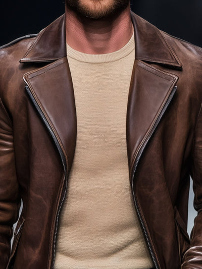 Vintage Lapel Leather Motorcycle Jacket
