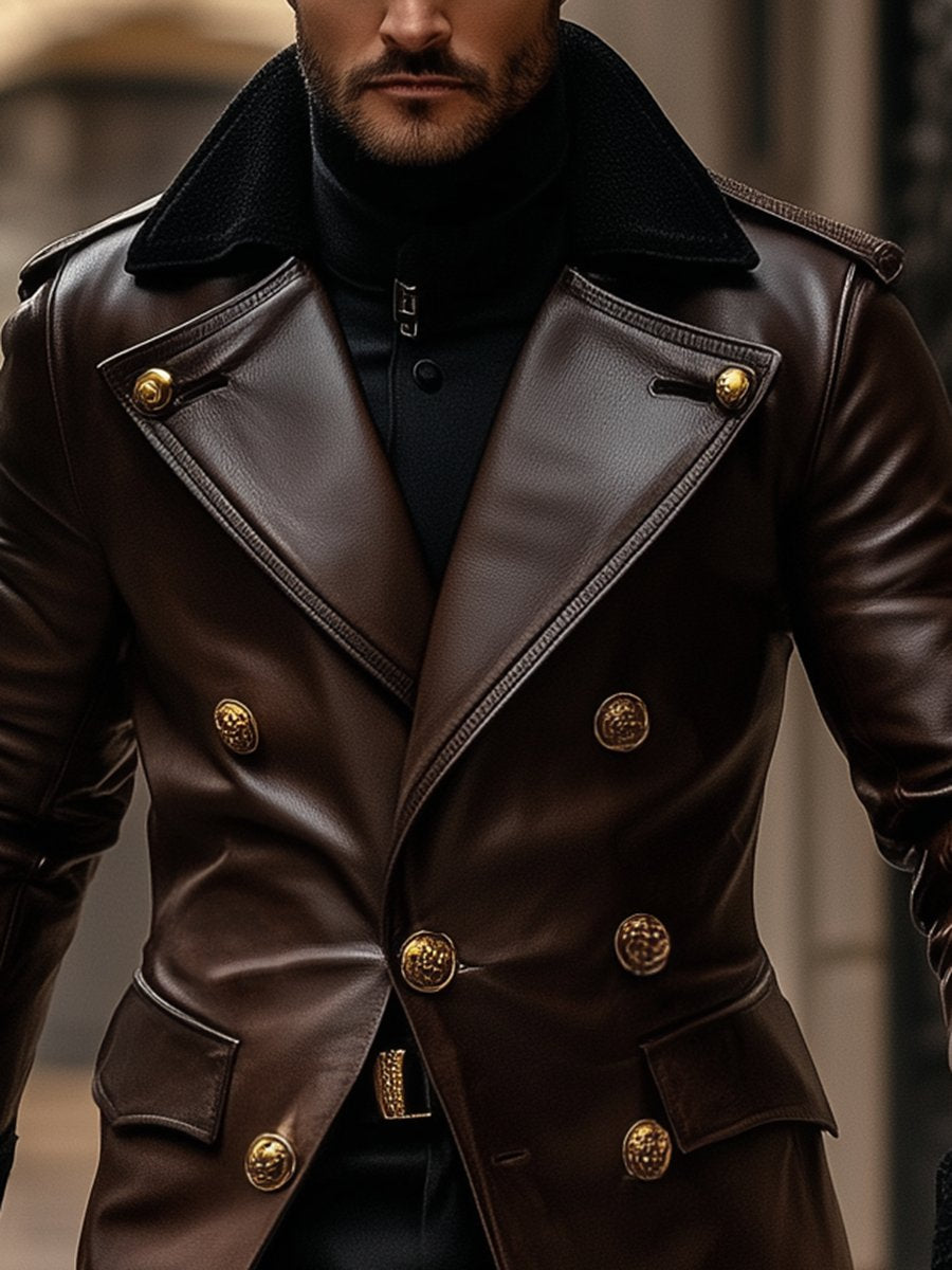 Business Vintage Leather Double Breasted Overcoat